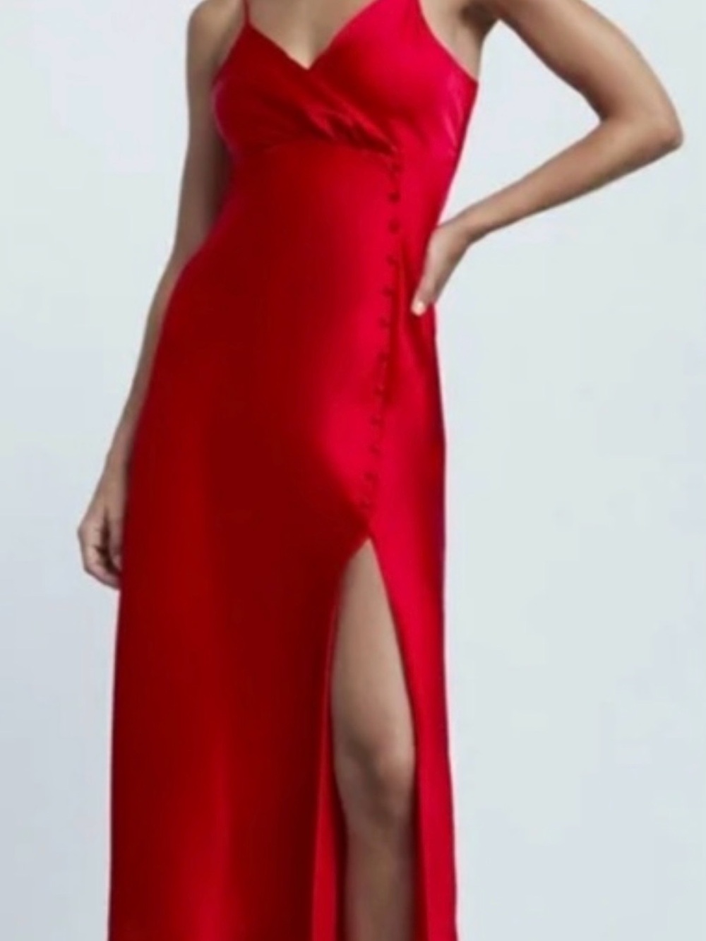 Zara Red Satin Maxi Slip Dress with Side Button Slit